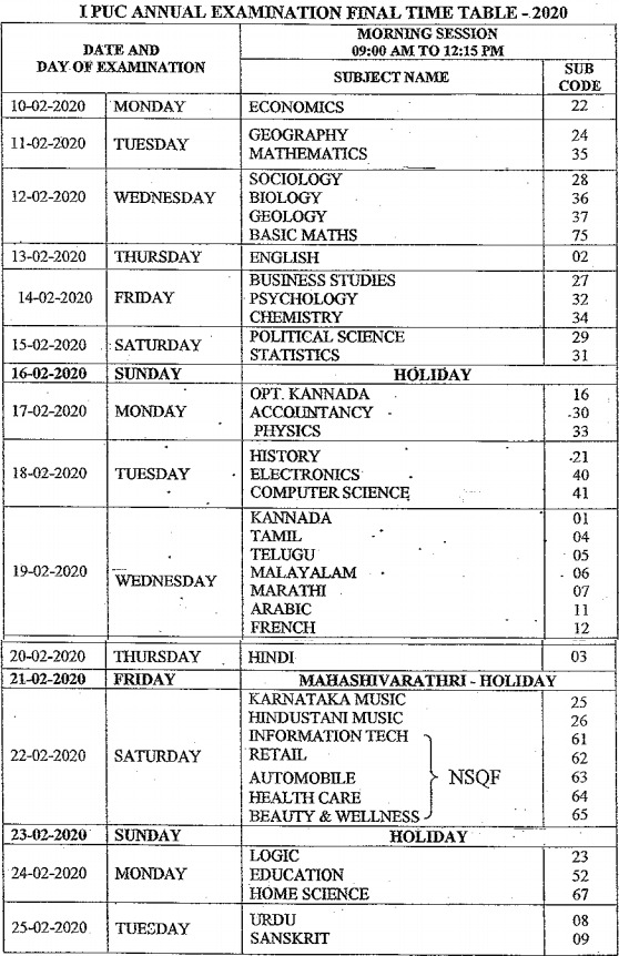 1st Puc Time Table 2023 Karnataka Arts Science Commerce Pue 1st Year