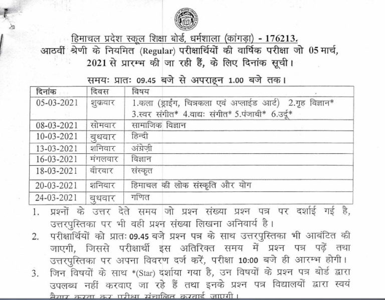 Hp Board 8th Class Date Sheet 2022 Sos Middle Time Table Downlaod Pdf
