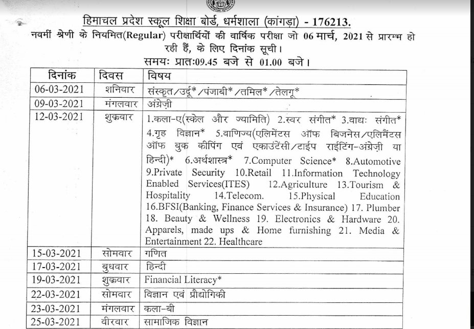 Hp Board 9th 11th Class Date Sheet 2022 Hpbose Plus One Ninth Exam Dates