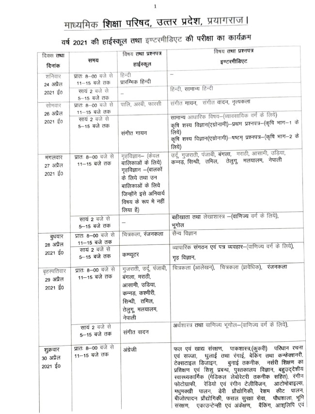 UP Board 10th Date Sheet 2023 UPMSP High School Scheme/Time Table