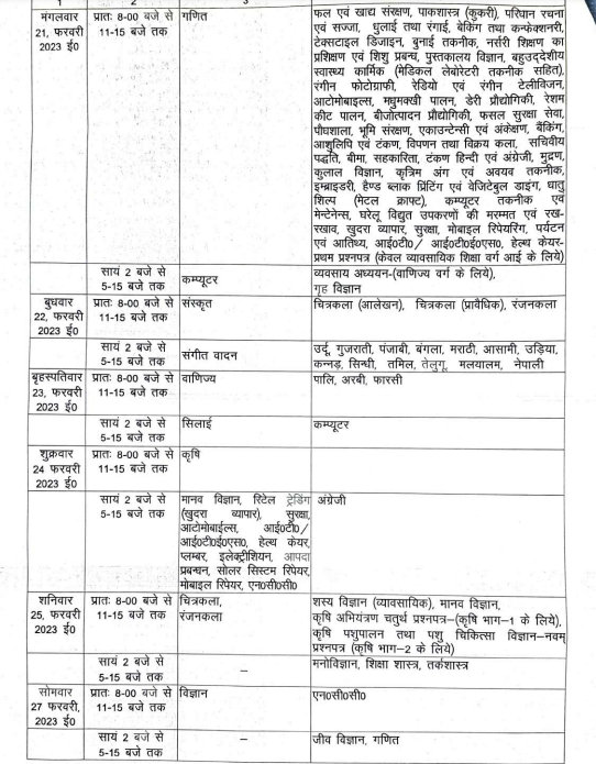 UP Board 12th Date Sheet 2025 upmsp.edu.in Intermediate Exam Scheme