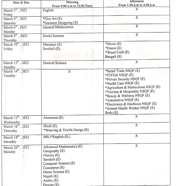 Assam HSLC Routine 2024 SEBA Board 10th Class Time Table Download