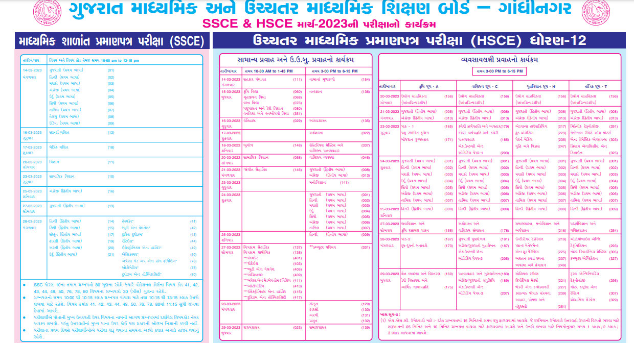 GSEB HSC Time Table 2024 Gujarat 12th Exam Date Pdf