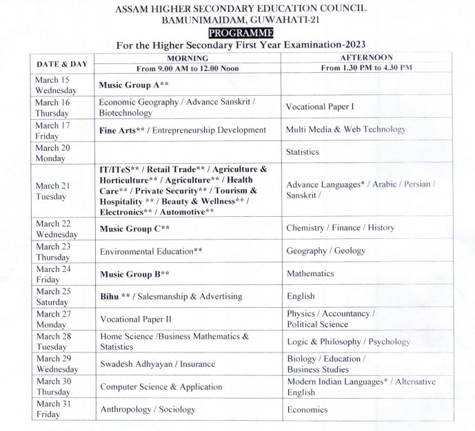 Assam HS 1st Year Routine 2024 AHSEC First Year Exam Time Table
