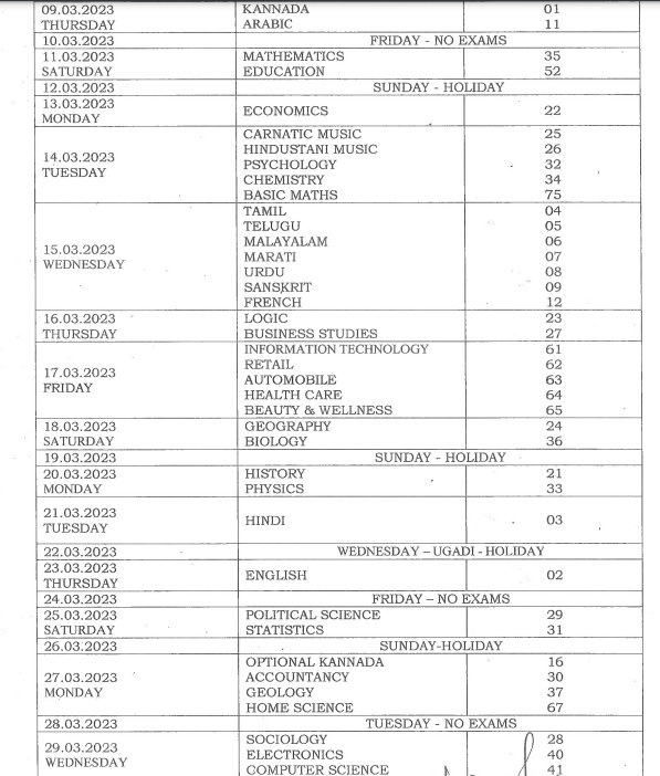 2nd PUC Time Table 2024 Karnataka 12th Arts, Commerce, Science Exam Dates